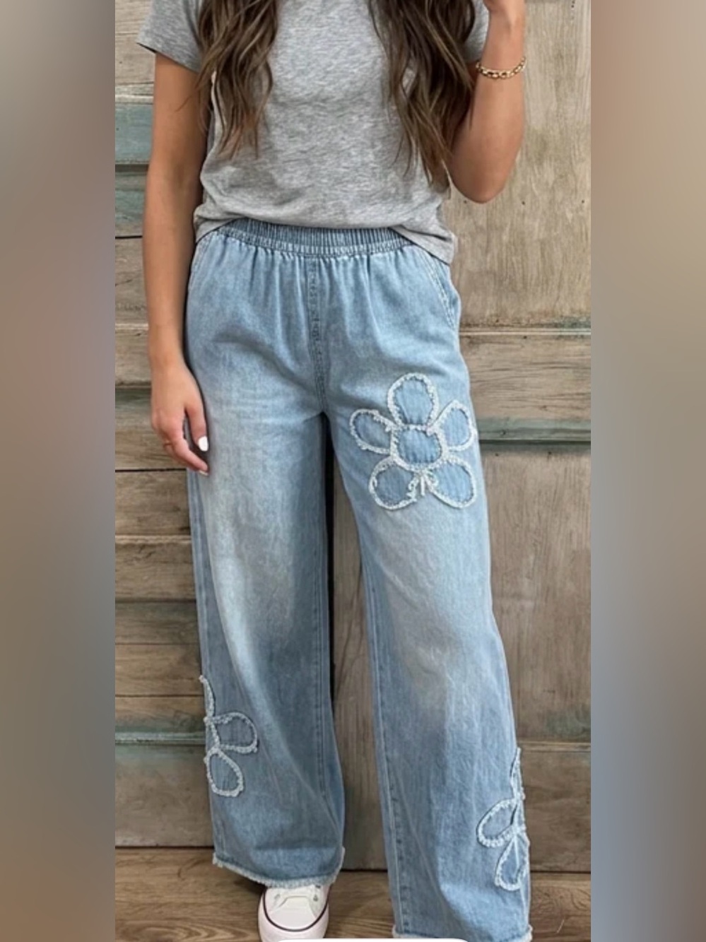 Women's Light Blue Wide-Leg Denim Pants with Flower Appliqué